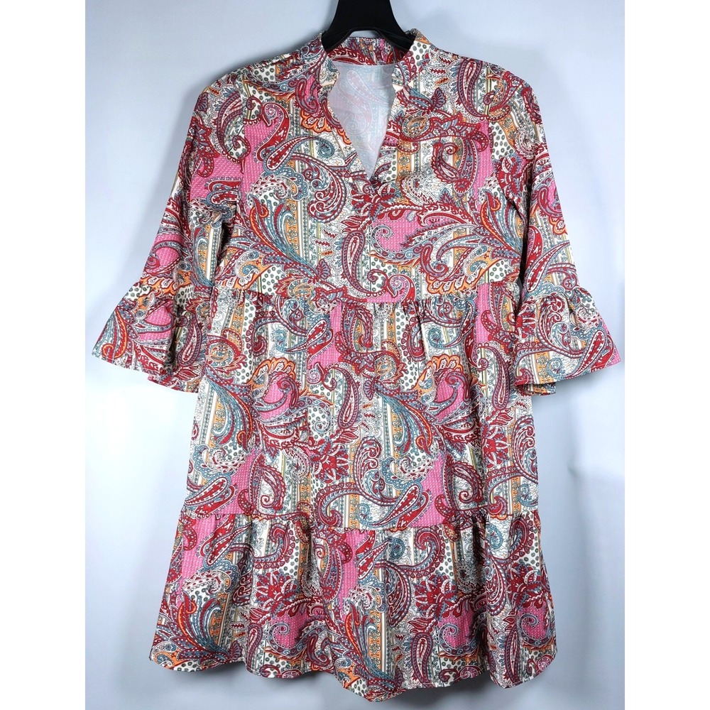 Emery Rose Tiered Ruffle Paisley Dress Womens Size Small Burgundy Blue
